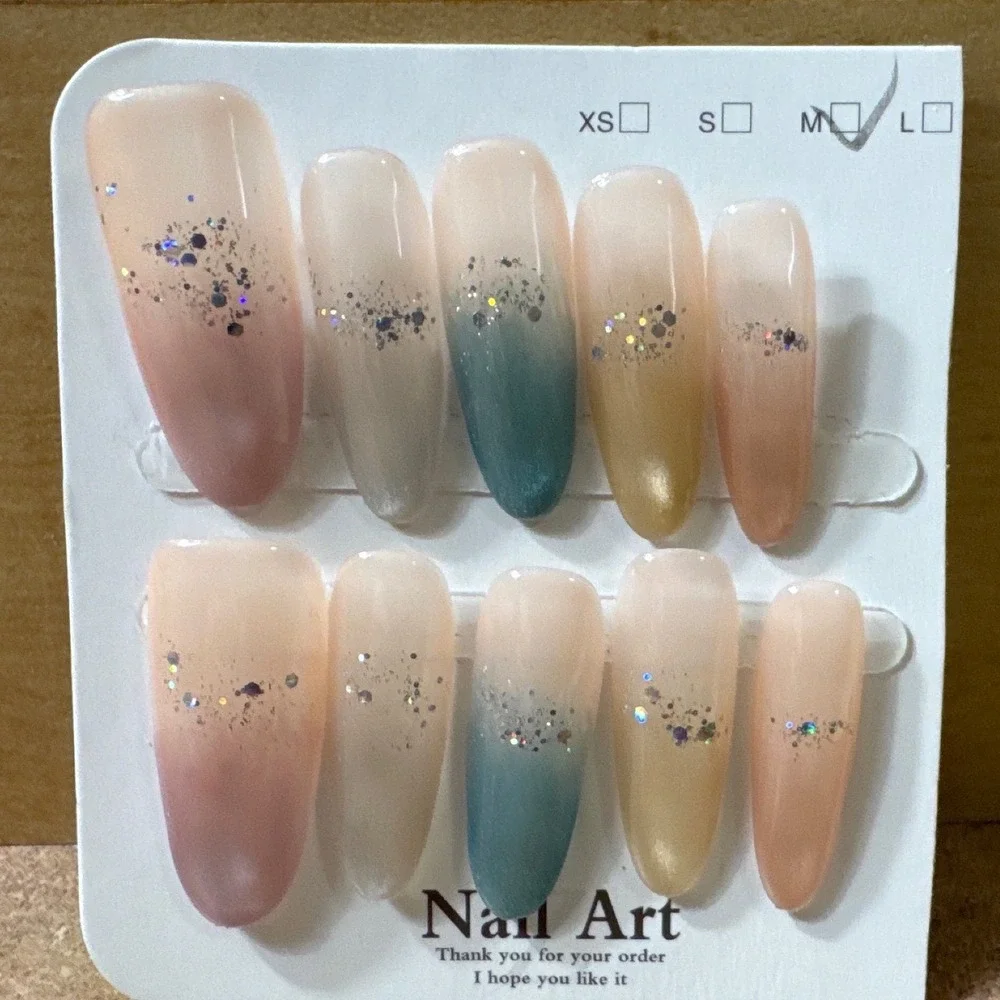 Press On Nails Size‎ Medium Multi Color Gradient Glitter Almond Shape